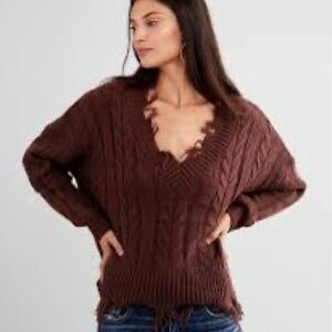BKE deconstructed Chocolate V-Neck Cable Sweater, NWT, Small